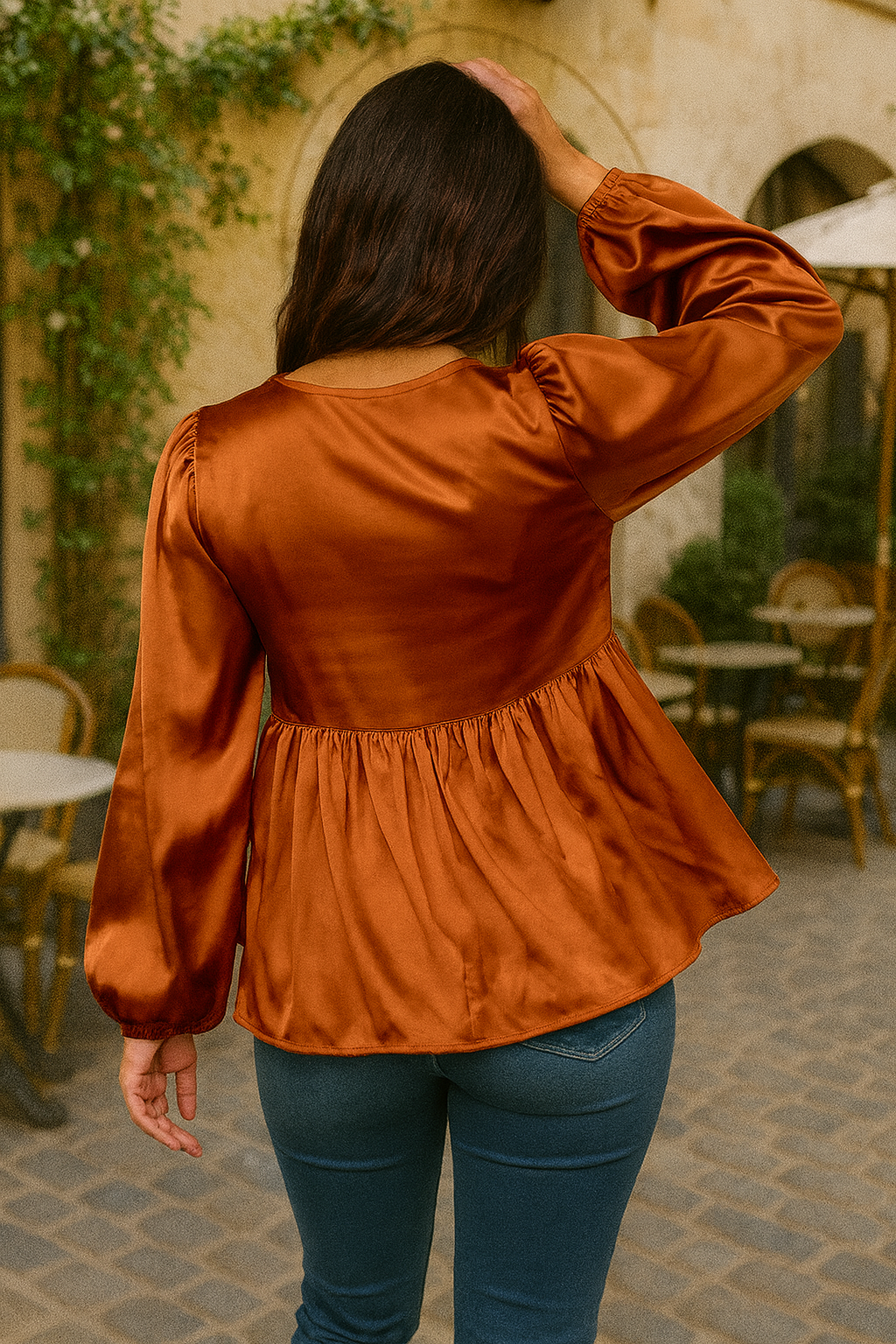 Haptics Babydoll Rust With Front Ribbon Bow Tie Blouse