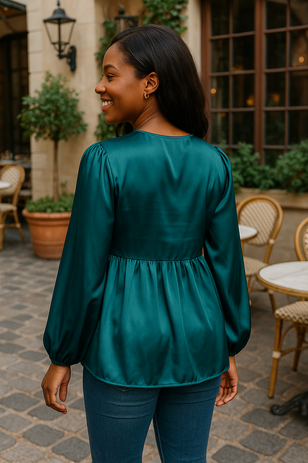 Haptics Babydoll Teal With Front Ribbon Bow Tie Blouse