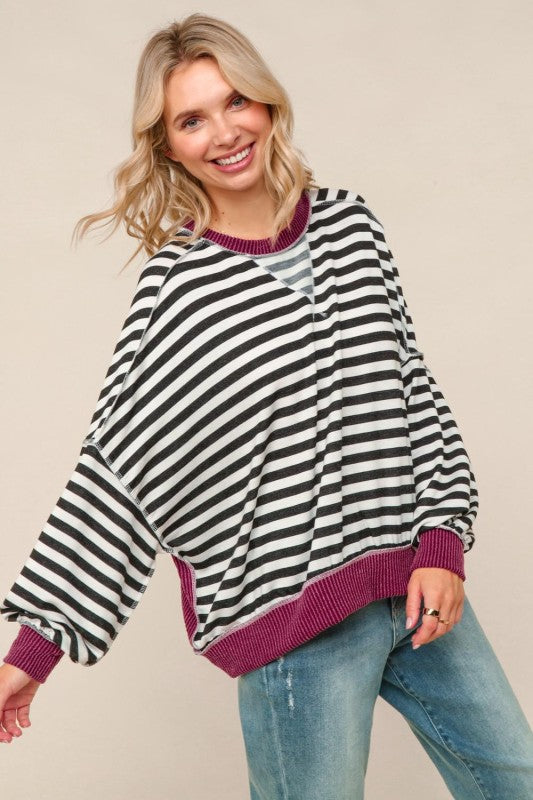 Haptics Black & White Crew Neck Loose Fit Knit Pullover