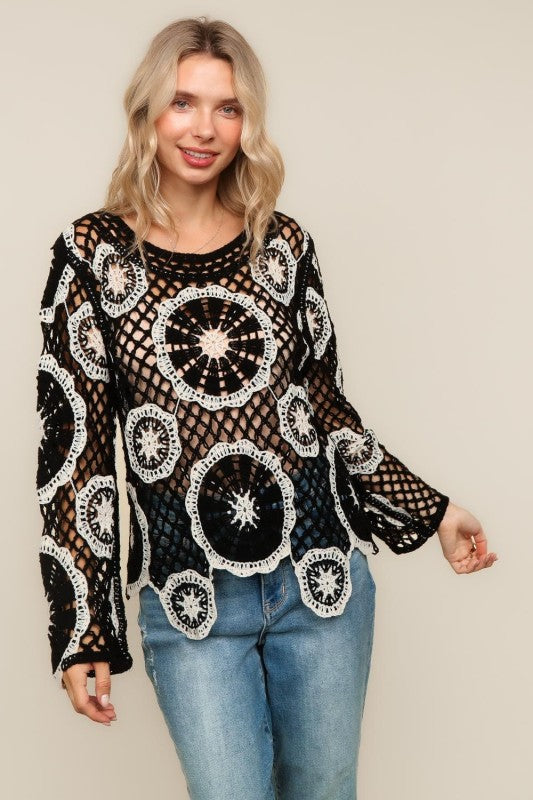Haptics Black & White Floral Crochet Lace Cover-Up Sweater Top