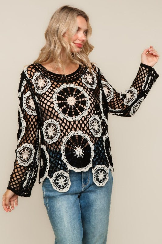 Haptics Black & White Floral Crochet Lace Cover-Up Sweater Top