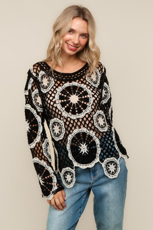 Haptics Black & White Floral Crochet Lace Cover-Up Sweater Top