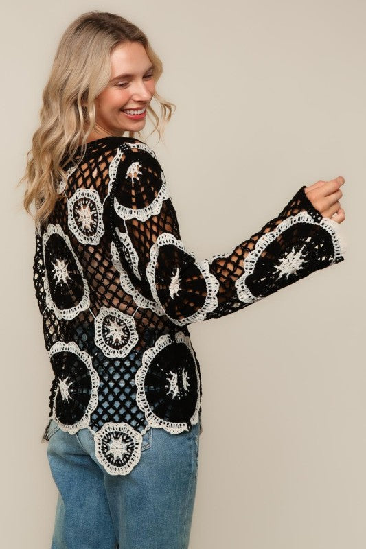 Haptics Black & White Floral Crochet Lace Cover-Up Sweater Top