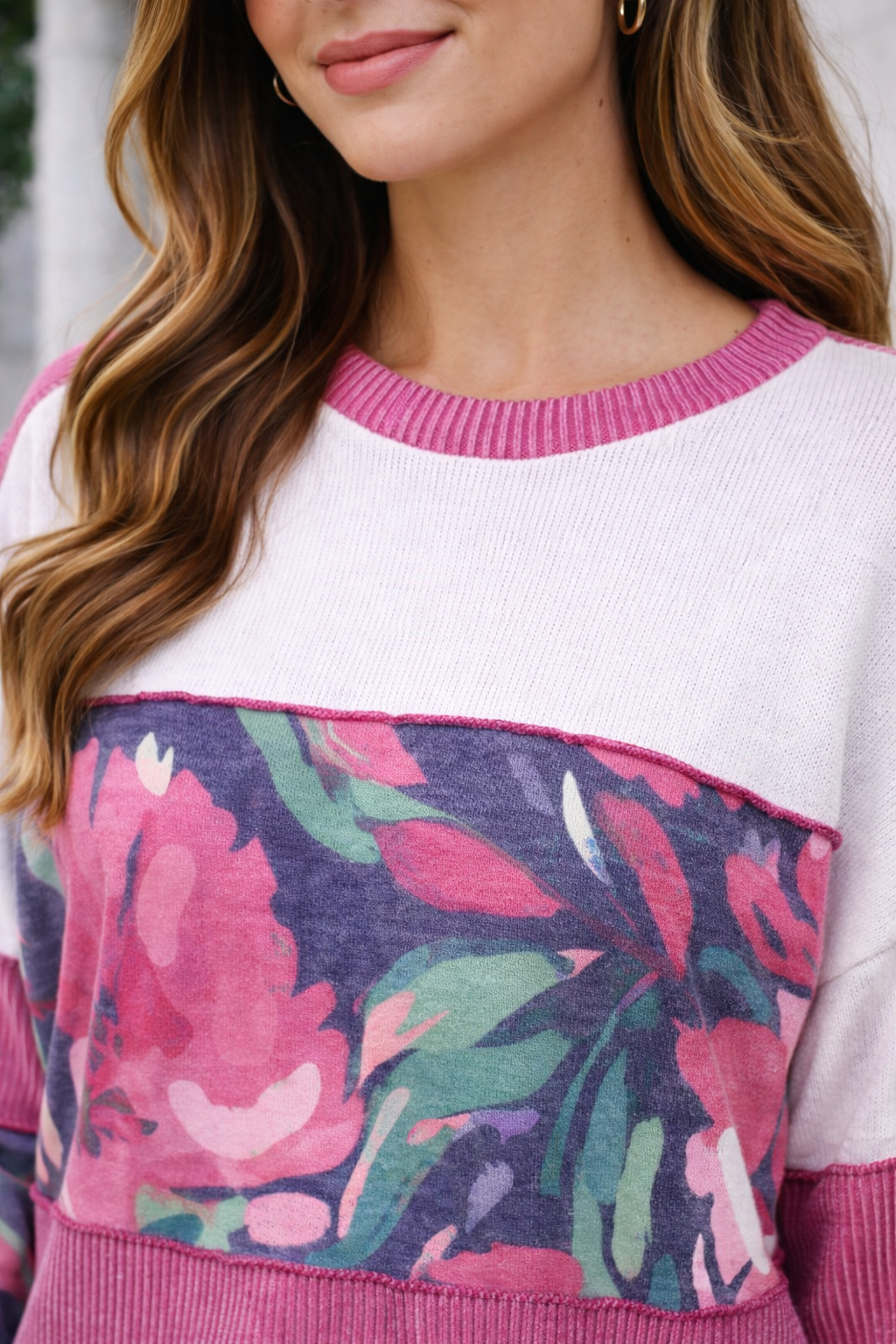 Haptics Bubble Long Sleeve Floral Color Block Knit Top