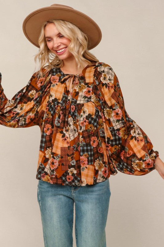 Haptics Burnt Orange V Neck Floral Patchwork Print Long Sleeve Blouse