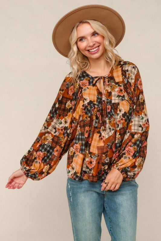 Haptics Burnt Orange V Neck Floral Patchwork Print Long Sleeve Blouse