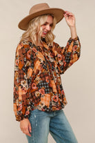 Haptics Burnt Orange V Neck Floral Patchwork Print Long Sleeve Blouse