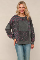 Haptics Charcoal French Terry Ditsy Floral Print Pullover Top