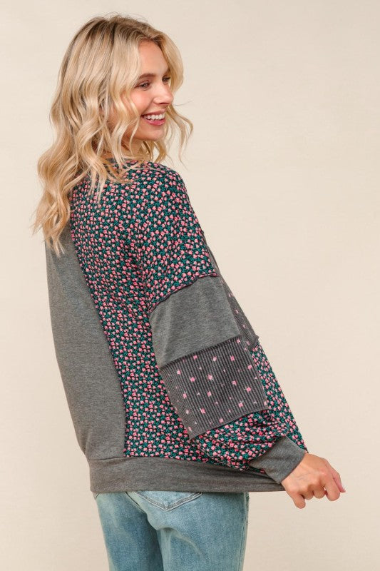 Haptics Charcoal French Terry Ditsy Floral Print Pullover Top