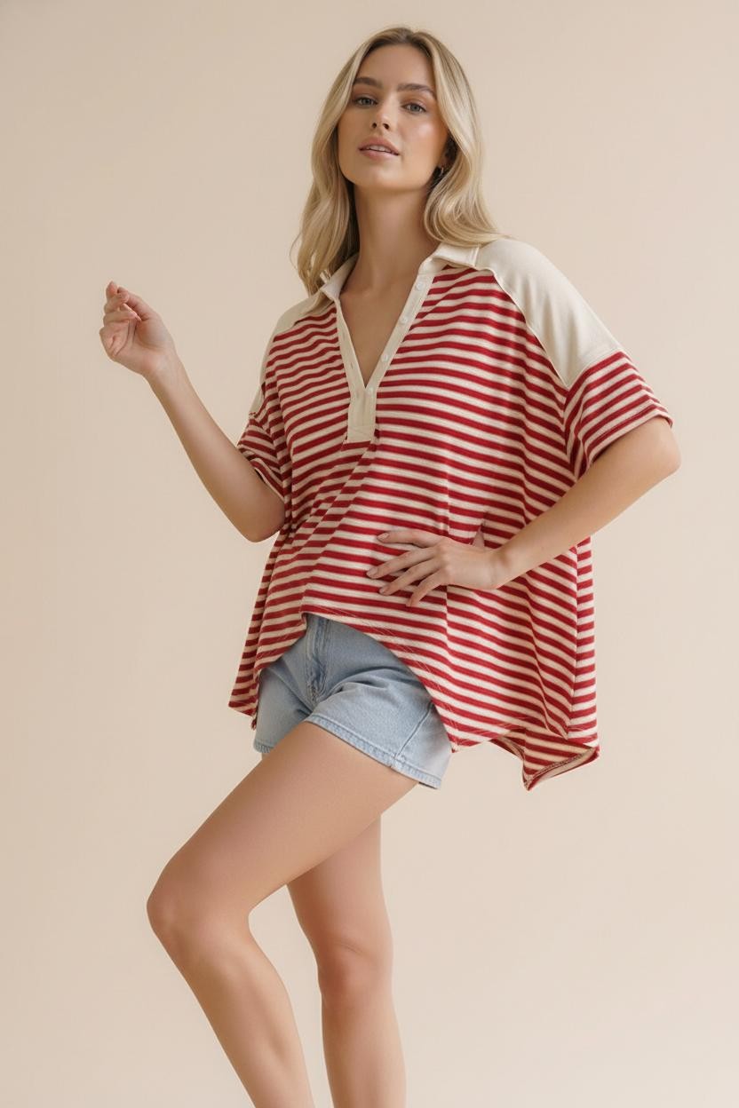 Haptics Collared Notch Neck Red Stripe Color Block Top