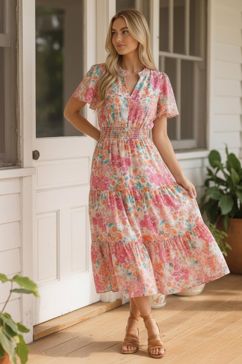 Haptics Coral Notch Neck Smocked Waist Maxi Floral Dress