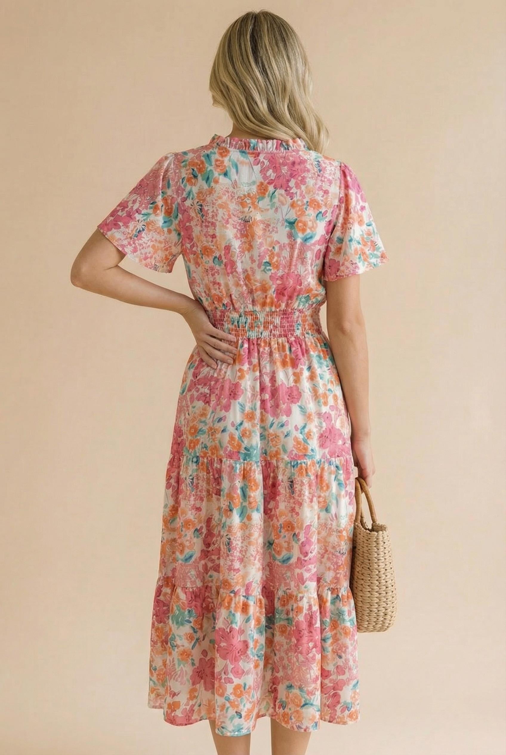 Haptics Coral Notch Neck Smocked Waist Maxi Floral Dress