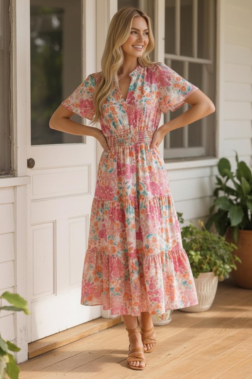 Haptics Coral Notch Neck Smocked Waist Maxi Floral Dress