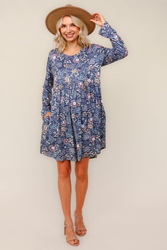 Haptics Floral Babydoll Charcoal Long Sleeve Swing Dress With Pockets