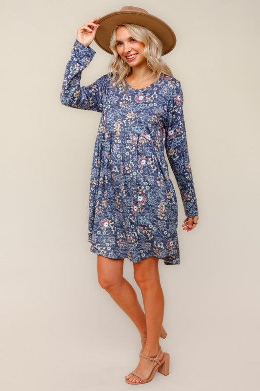 Haptics Floral Babydoll Charcoal Long Sleeve Swing Dress With Pockets