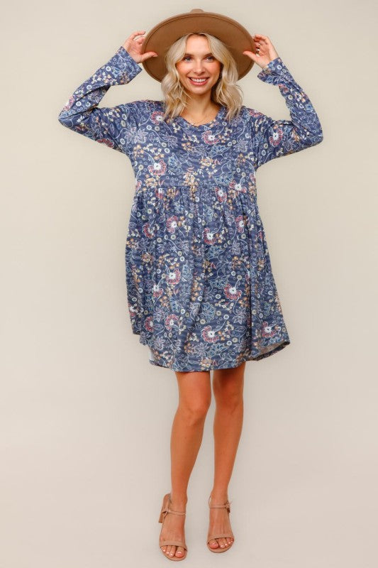 Haptics Floral Babydoll Charcoal Long Sleeve Swing Dress With Pockets