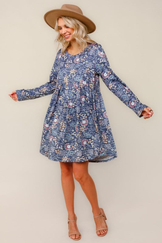 Haptics Floral Babydoll Charcoal Long Sleeve Swing Dress With Pockets