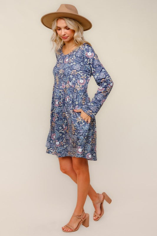 Haptics Floral Babydoll Charcoal Long Sleeve Swing Dress With Pockets