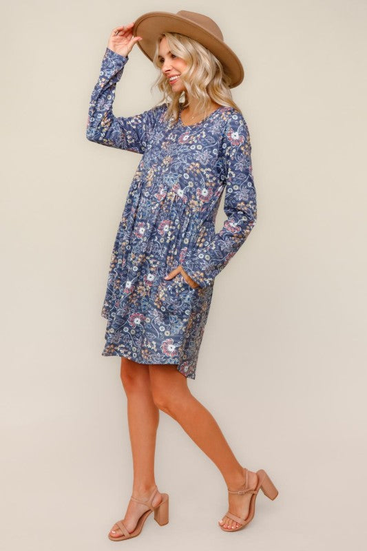 Haptics Floral Babydoll Charcoal Long Sleeve Swing Dress With Pockets