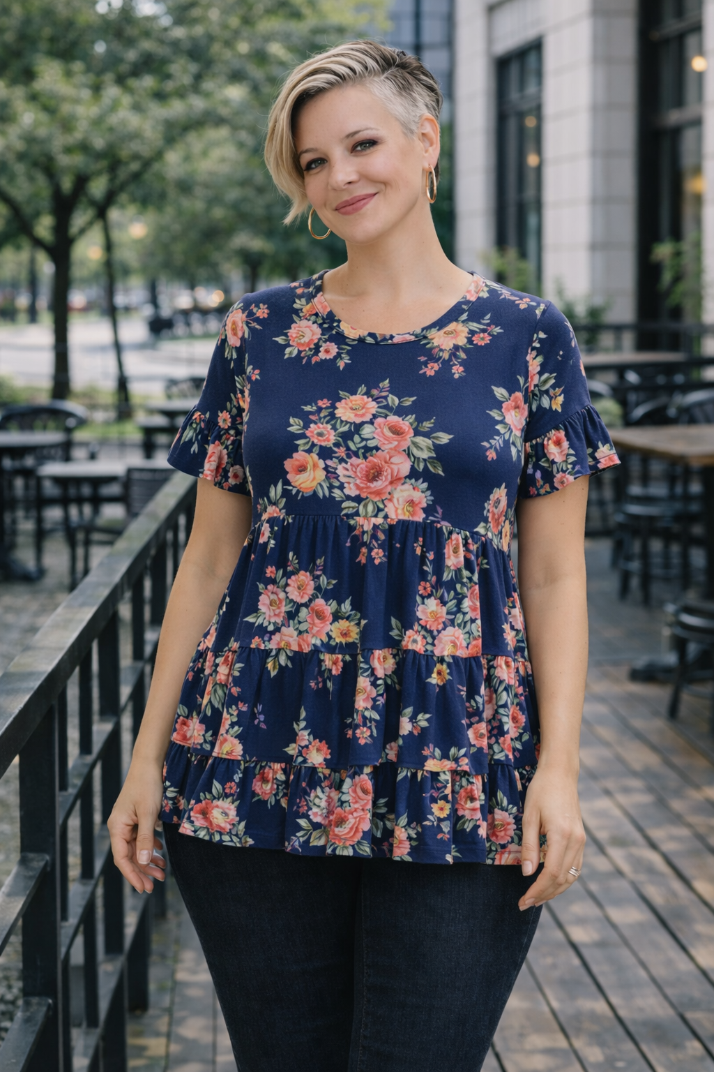 Haptics Frill Hem Babydoll Swing Floral Knit Top