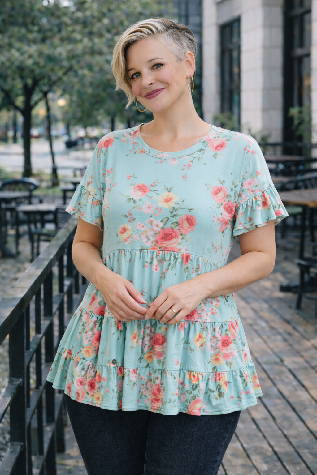Haptics Frill Hem Babydoll Swing Floral Knit Top – Mint