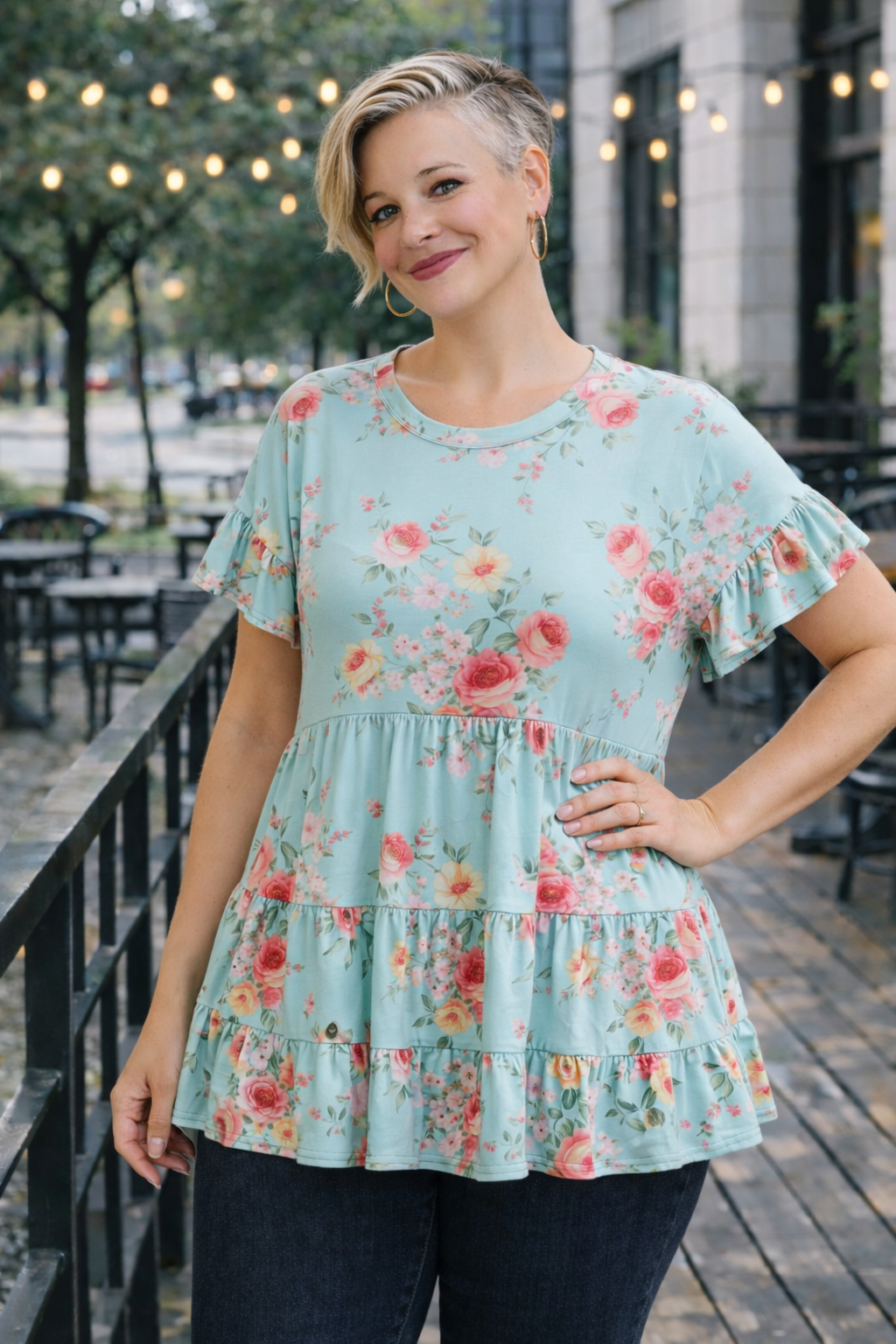 Haptics Frill Hem Babydoll Swing Floral Knit Top – Mint