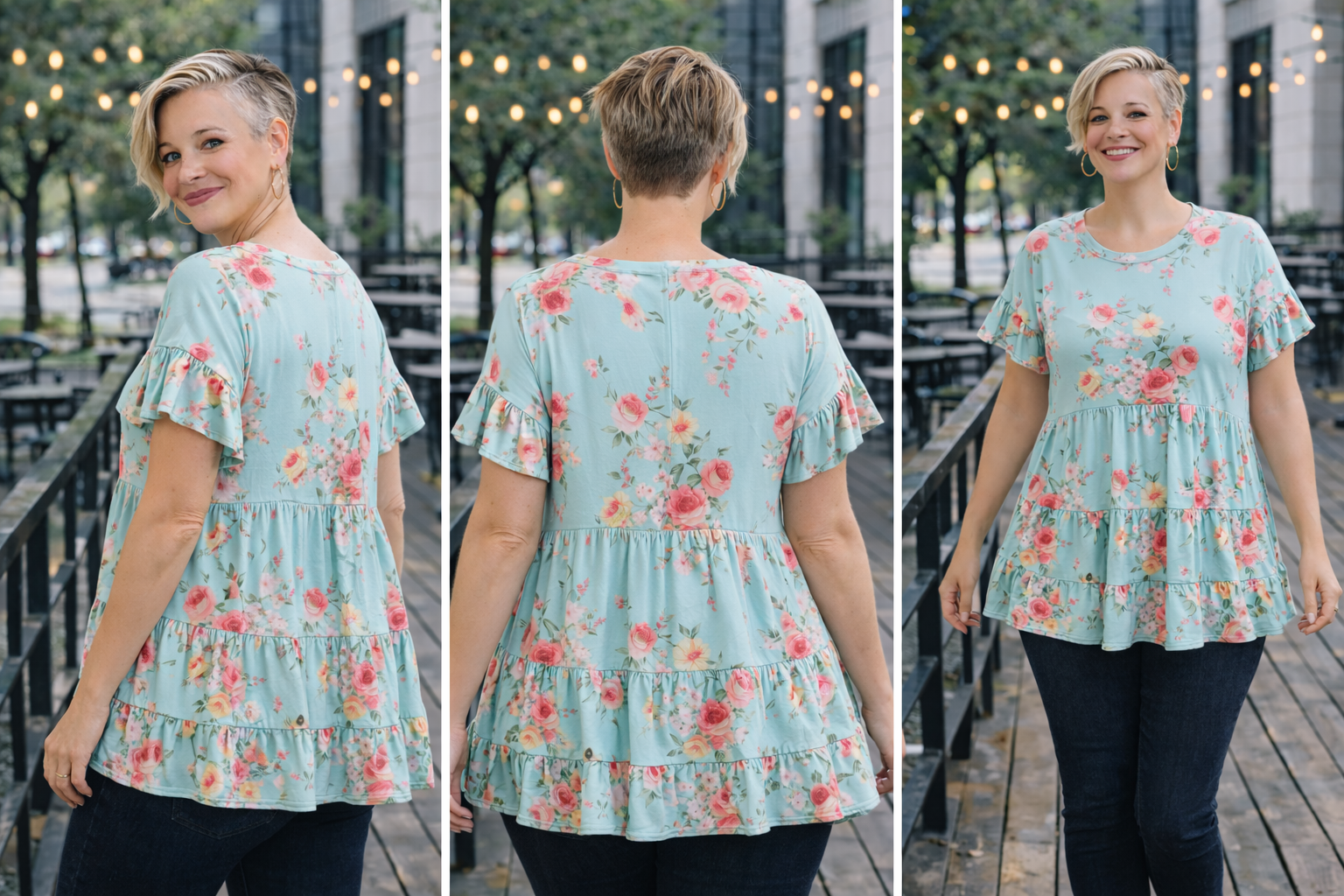 Haptics Frill Hem Babydoll Swing Floral Knit Top – Mint