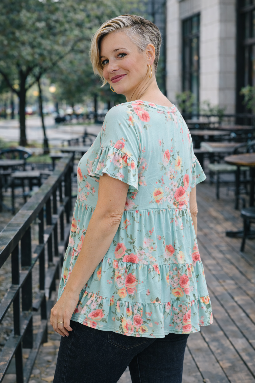 Haptics Frill Hem Babydoll Swing Floral Knit Top – Mint