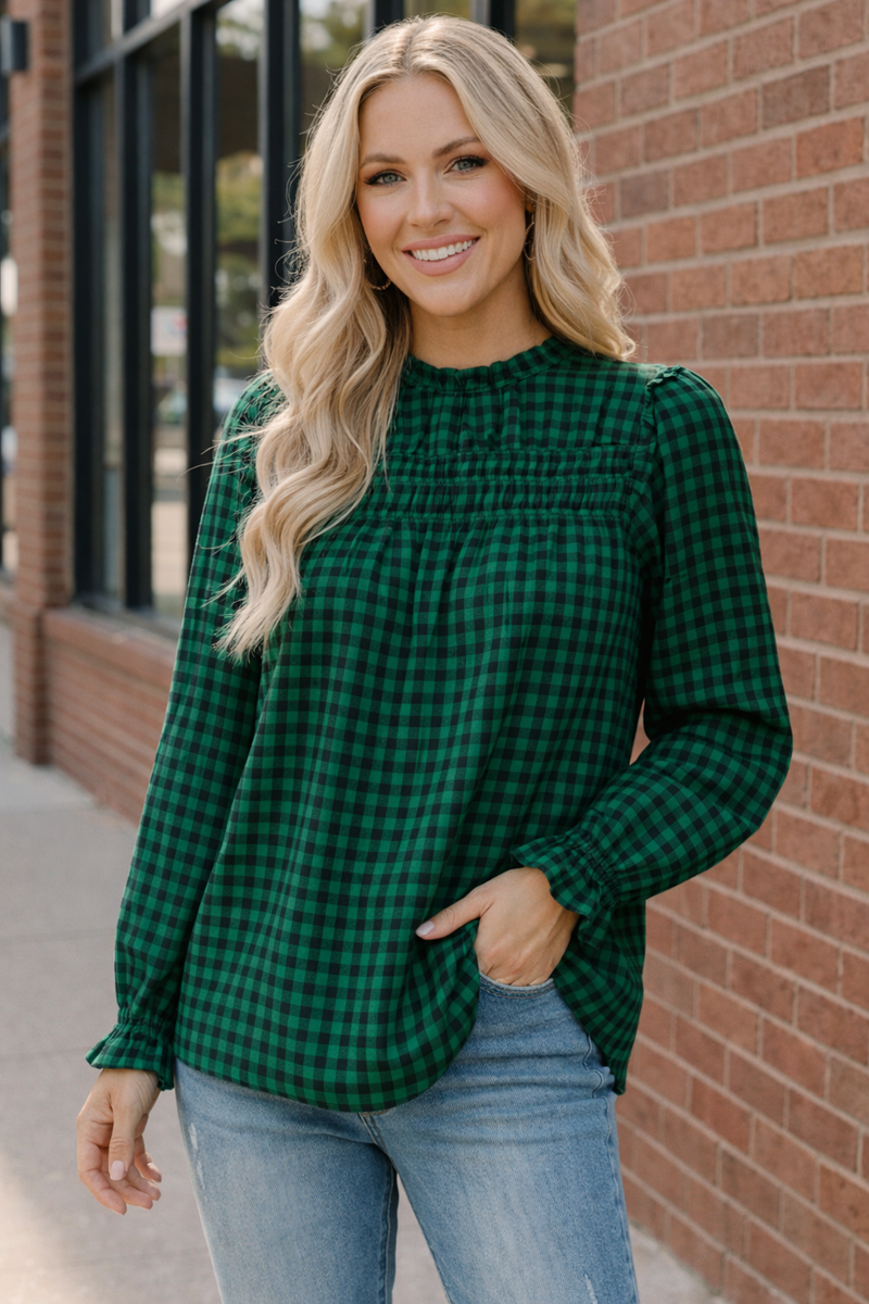 Haptics Green Frilled Mock Neck Gingham Check Woven Blouse – Ruby