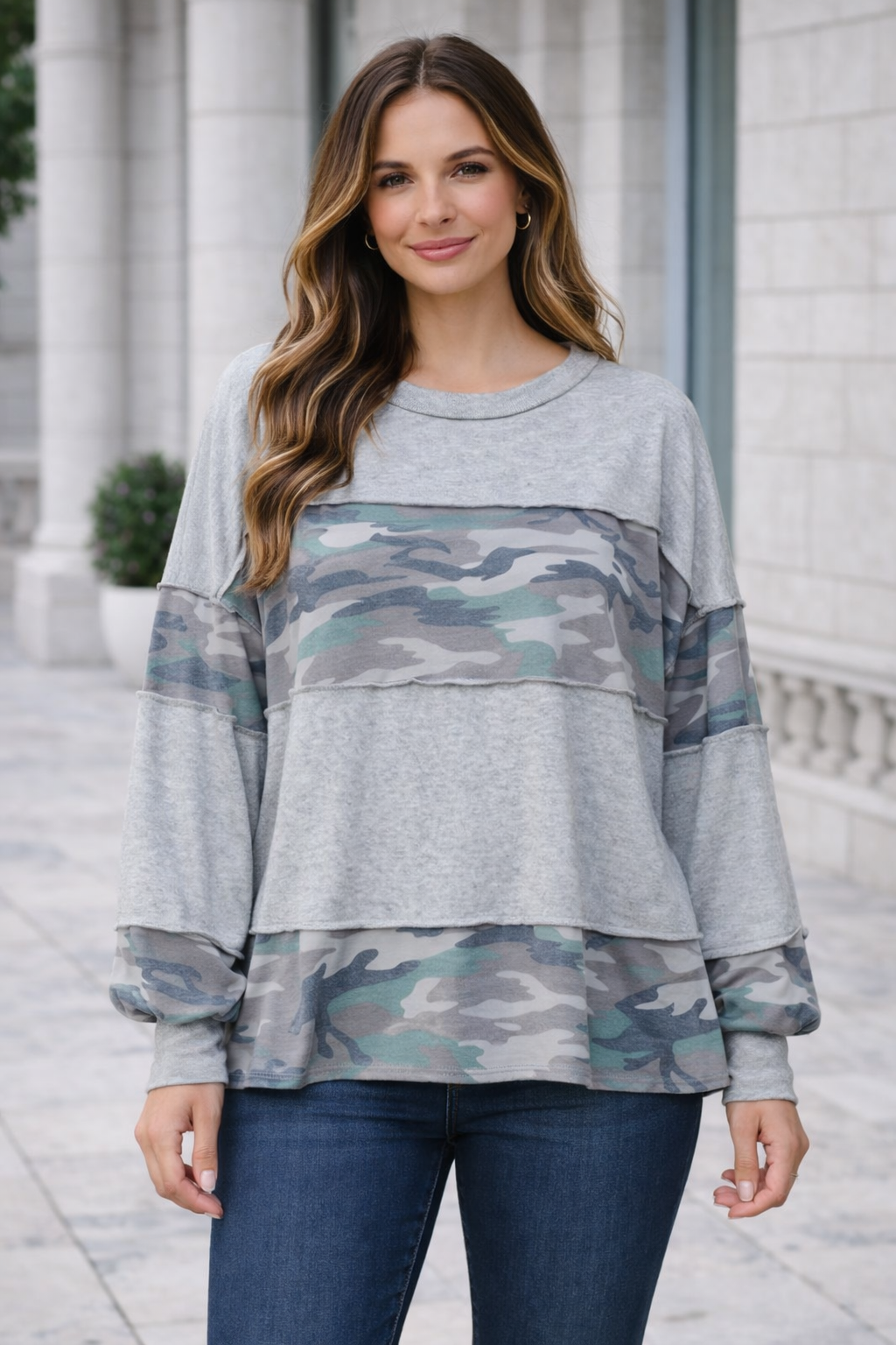 Haptics Heather Gray Camouflage Color Block Pullover Knit Top