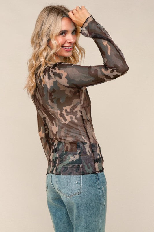 Haptics High Neck Line Camouflage Mesh Semi Sheer Top