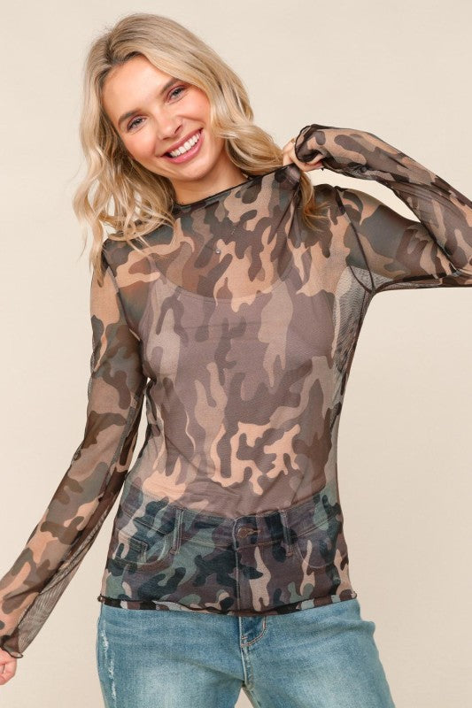Haptics High Neck Line Camouflage Mesh Semi Sheer Top