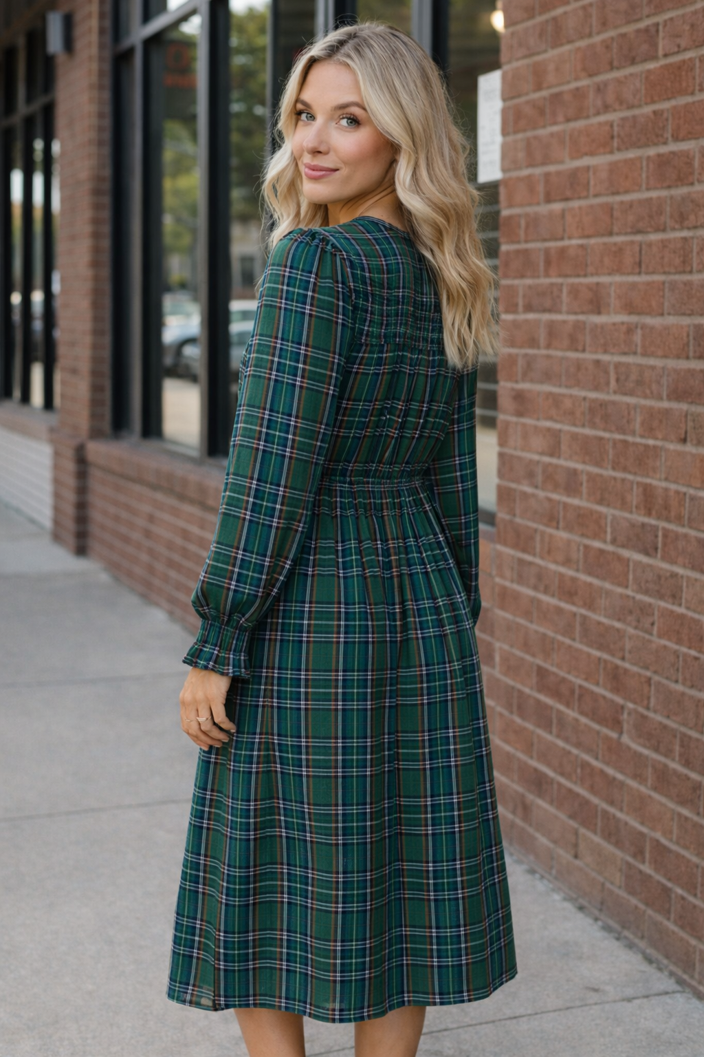 Haptics Hunter Green Midi Plaid Dress with Side Pockets
