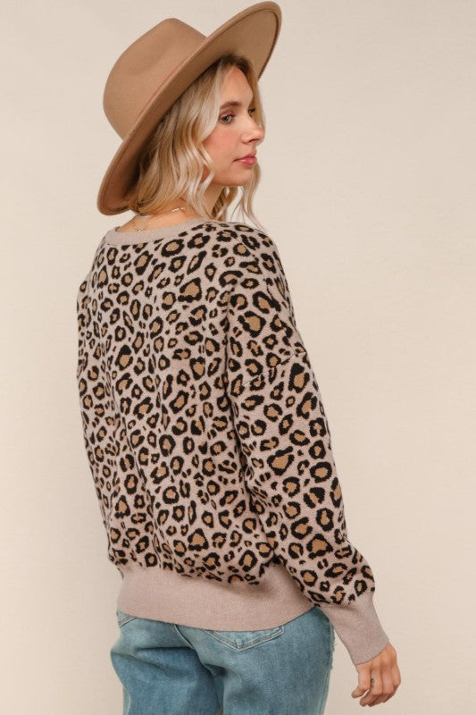 Haptics Leopard Jacquard Pullover Sweater Knit Top