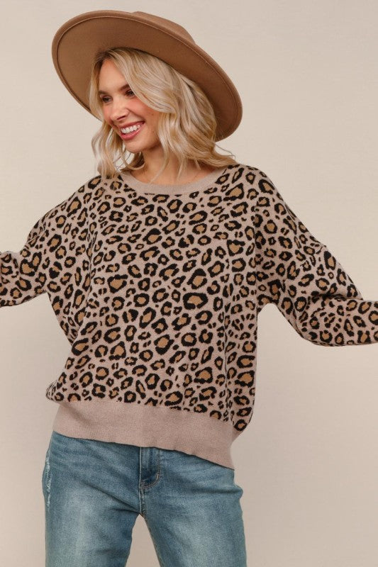 Haptics Leopard Jacquard Pullover Sweater Knit Top
