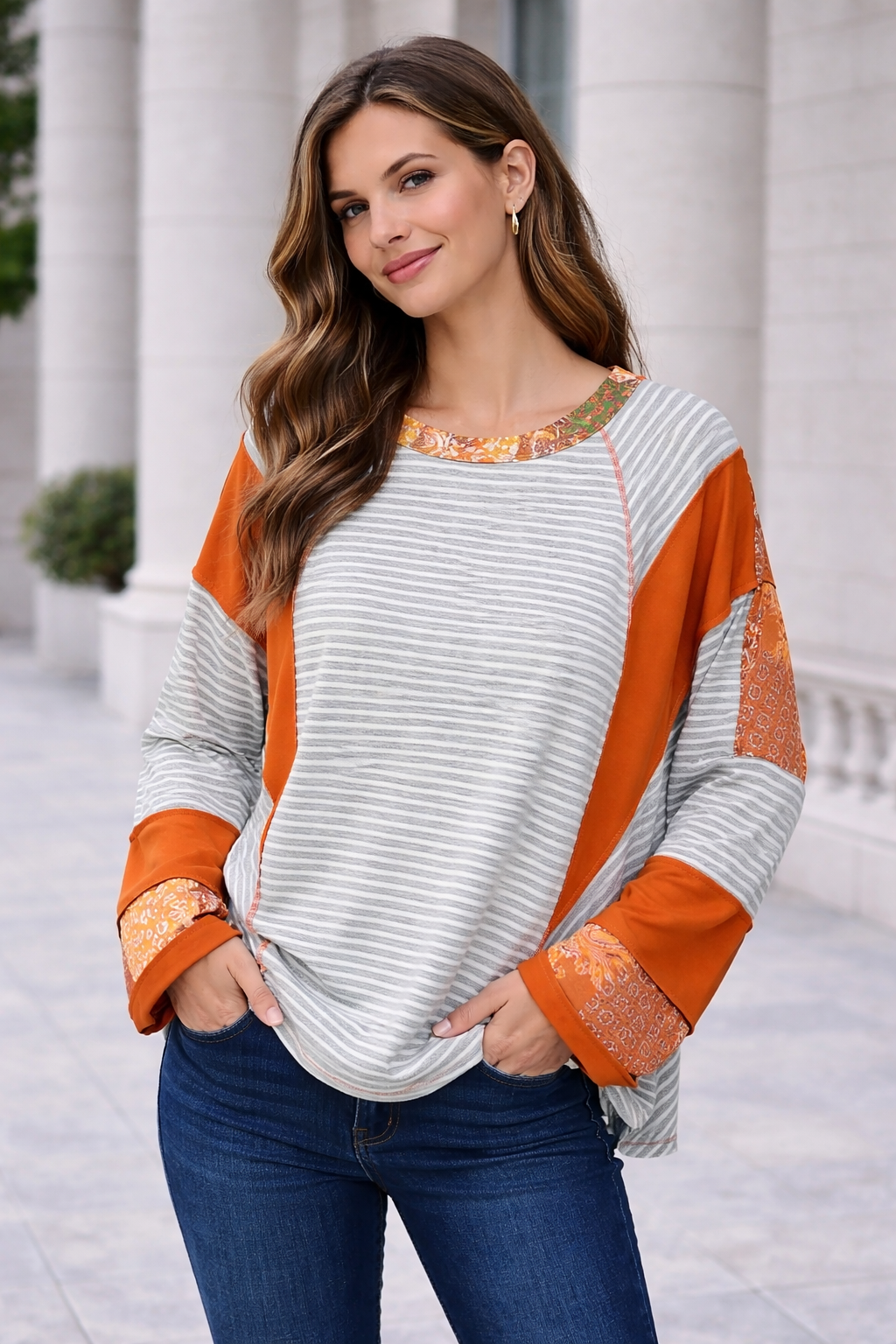 Haptics Oversized Knit Top with Outseam Overlock Detail – Heather Grey/Rust