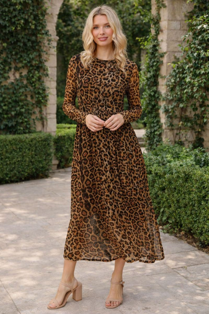 Haptics Long Sleeve Leopard Mesh Midi Dress