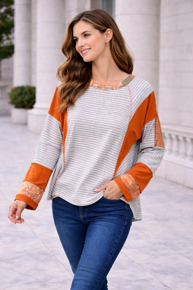 Haptics Oversized Knit Top with Outseam Overlock Detail – Heather Grey/Rust