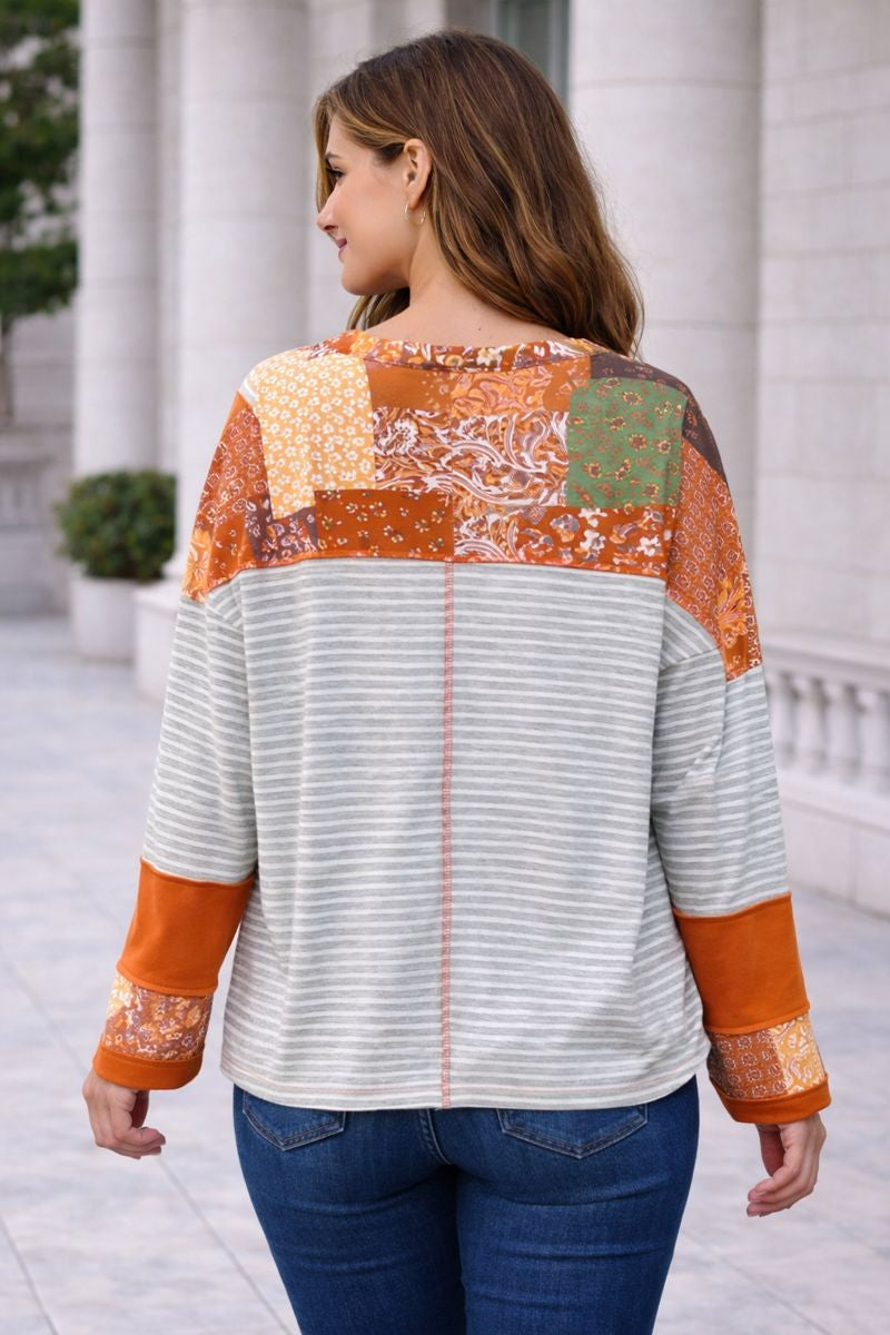 Haptics Oversized Knit Top with Outseam Overlock Detail – Heather Grey/Rust