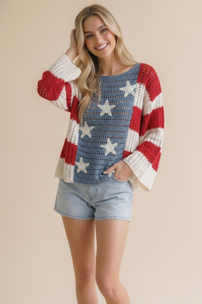 Haptics Long Sleeve Star And Stripe Crochet Sweater