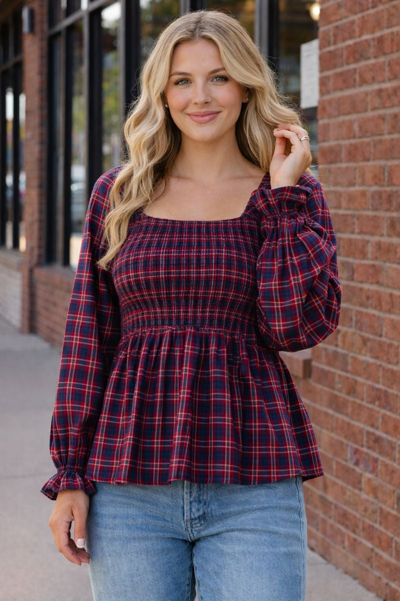 Haptics Red & Blue Smocking V-Neck Babydoll Plaid Woven Top