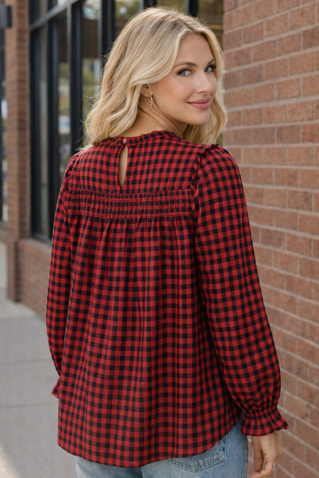 Haptics Red Frilled Mock Neck Gingham Check Woven Blouse