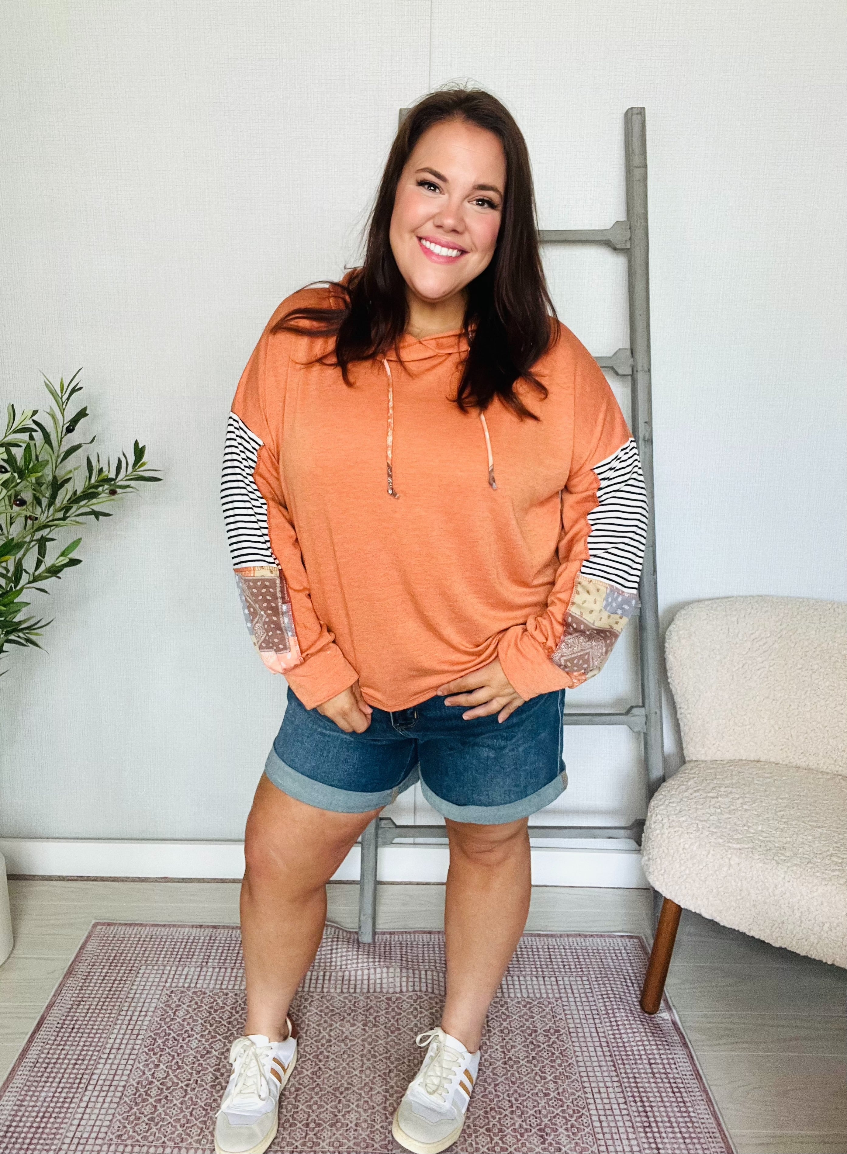 Haptics Rust French Terry Stripe & Printed Patchwork High Low Hoodie