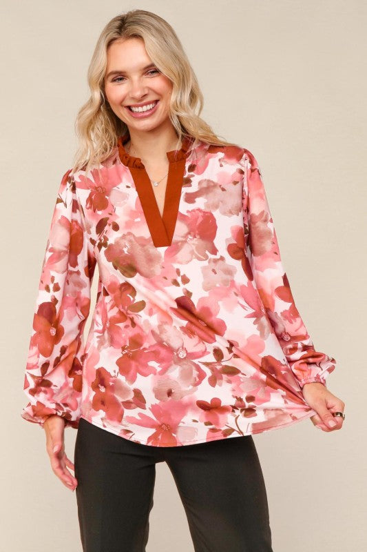 Haptics Rust Mix Frill Neck Floral Print Long Sleeve Blouse