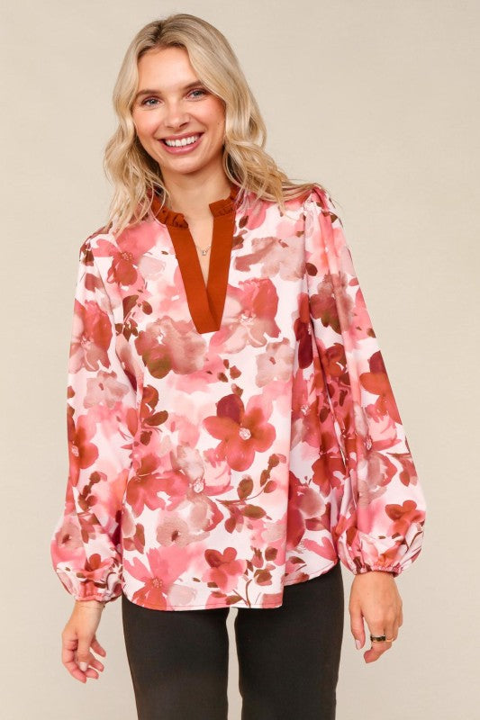 Haptics Rust Mix Frill Neck Floral Print Long Sleeve Blouse