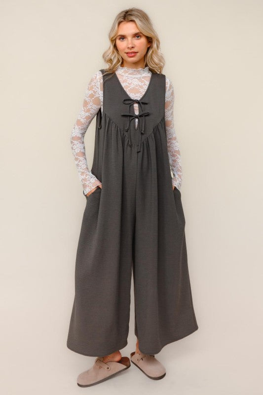 Haptics Solid Front Ribbon Detail Baggy Jumpsuit in Charcoal