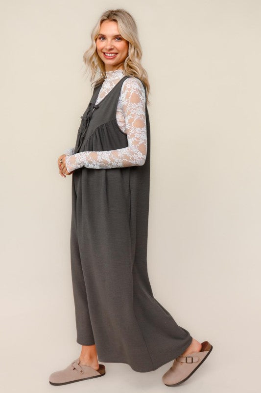 Haptics Solid Front Ribbon Detail Baggy Jumpsuit in Charcoal
