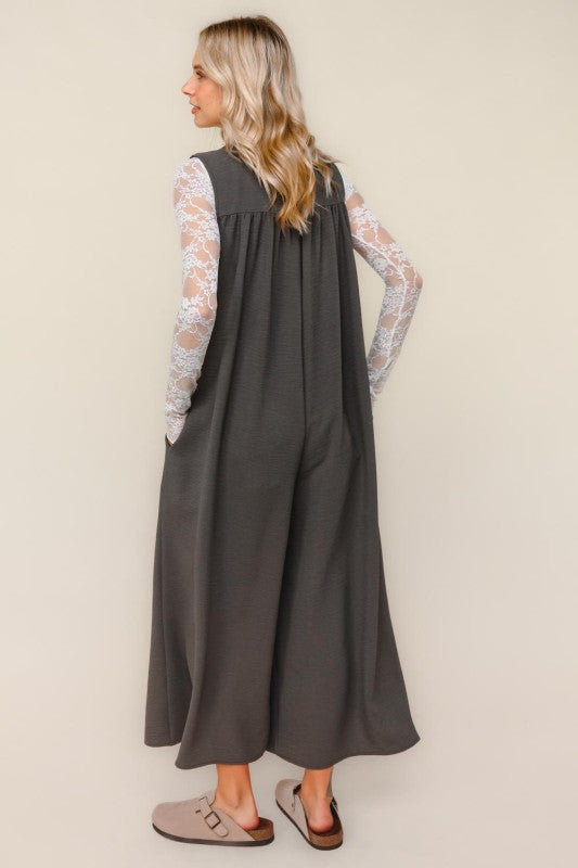 Haptics Solid Front Ribbon Detail Baggy Jumpsuit in Charcoal