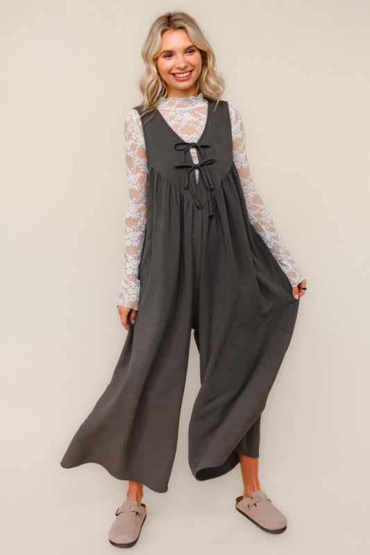 Haptics Solid Front Ribbon Detail Baggy Jumpsuit in Charcoal