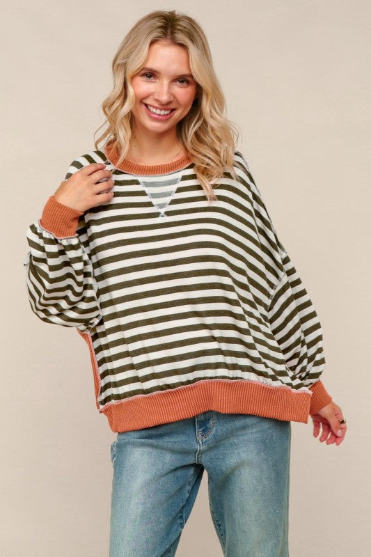 Haptics Stripe Olive & Rust Crew Neck Loose Fit Knit Pullover